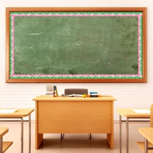 Decorative mushroom pattern bulletin board border on a classroom chalkboard