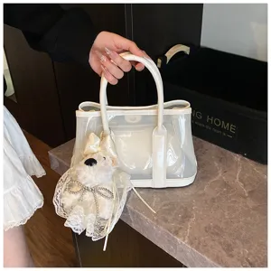 Sac fourre-tout en PVC blanc transparent avec breloque chien en peluche
