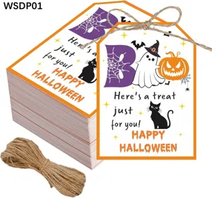 50-piece Halloween gift tags set featuring ghost and pumpkin designs with jute twine