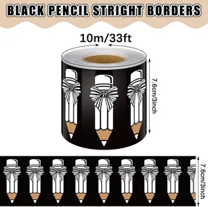 Close-up showing the 7.6cm width and 10m length of the black pencil bow bulletin board border