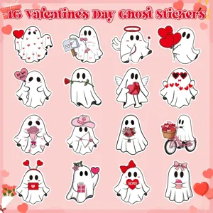 Set van 16 schattige Valentijnsdag spookstickers met hartjes en bloemen.