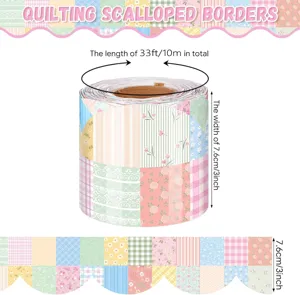 Vista detallada de las pegatinas de borde festoneado de 10m con diseños de flores macaron.