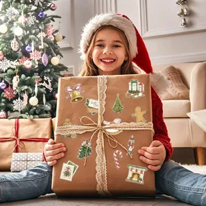Girl holding gift decorated with vintage watercolor Christmas stickers like bells and sled
