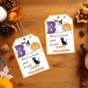 Cute Halloween gift tags with ghost and pumpkin motifs on wood background