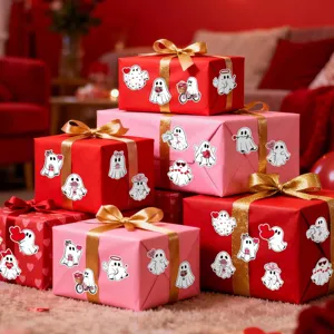 Schattige spookstickers voor Halloween-cadeauverpakkingen op rode en roze dozen