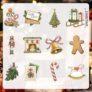 Detailed view of various vintage watercolor Christmas stickers measuring 1 inch