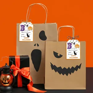 Decorative Halloween gift tags with ghost and pumpkin designs on brown paper bags