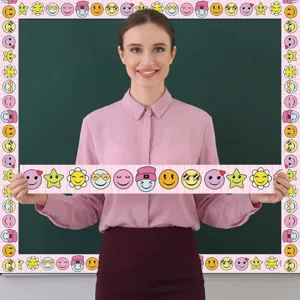 Detailed view of colorful cartoon smiley face border stickers for bulletin boards