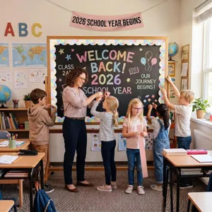 Vista detallada del borde adhesivo floral para pizarra en un entorno escolar real