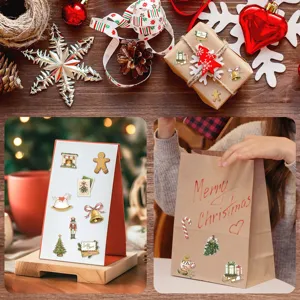 Set of vintage watercolor Christmas stickers featuring gingerbread men and bells for gift wrapping