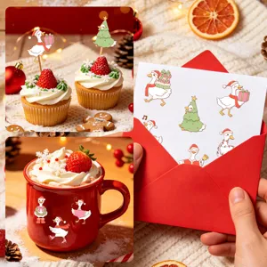 Autocollants de canards de Noël mignons sur une tasse rouge et une carte de vœux festive.