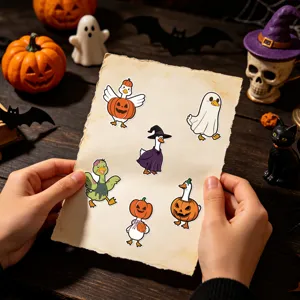 Autocollants de canard d'Halloween sur papier ancien tenu à la main dans un décor effrayant