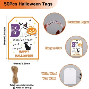 50pcs cute Halloween gift tags with ghost pumpkin design plus 33ft jute twine string