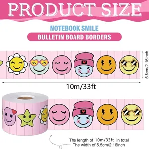 Product dimensions for 10m pink smiley face bulletin board borders decoration tape