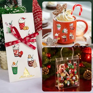 Watercolor Christmas stickers with gingerbread man and holiday drinks on gift packaging.