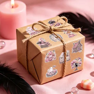 Detailansicht von süßen rosa Halloween-Stickern mit Geistern auf einer Geschenkbox