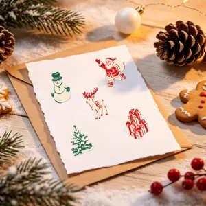 Gros plan d'autocollants de Noël festifs avec le Père Noël sur une carte cadeau