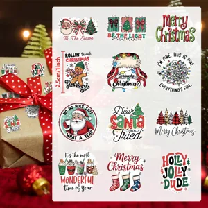 Variety of Christmas themed stickers featuring gingerbread men and Santa for gift wrapping