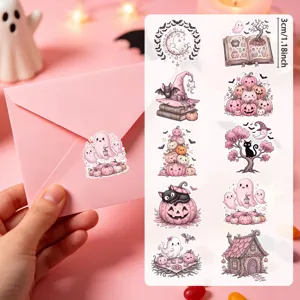 Detailansicht der rosa Halloween-Deko-Aufkleber mit Geistern und Kürbissen, 3 cm Größe.