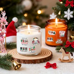Set of vintage watercolor Christmas stickers featuring Santa and quotes on festive candle jars