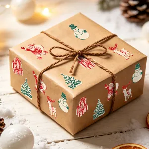 Gros plan de stickers de Noël festifs avec Père Noël et bonhomme de neige sur boîte