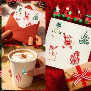 Ensemble d'autocollants de Noël festifs avec Père Noël, bonhomme de neige et renne.