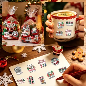 Detail showing vintage Christmas stickers used on gift bags, mugs and holiday cards