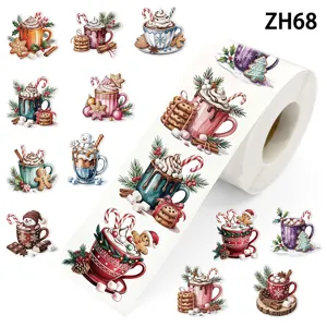 Retro watercolor Christmas sticker roll featuring gingerbread man and hot cocoa designs