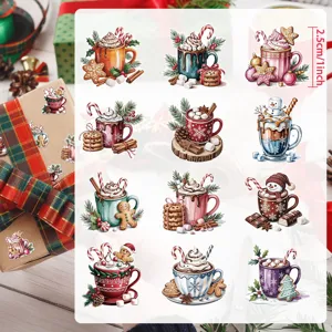 Close-up of retro watercolor Christmas stickers featuring gingerbread men and hot cocoa mugs.