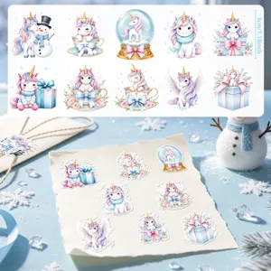 Niedliche Einhorn-Weihnachtsaufkleber mit Schneemann- und Geschenkbox-Motiven für Deko
