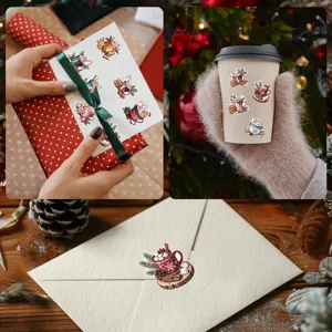 Watercolor Christmas themed stickers on gift cards and coffee cups