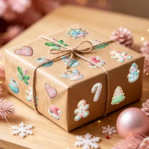 Detailansicht von Weihnachtsaufklebern mit Herz-, Lebkuchen- und Engelmotiven auf Geschenkbox