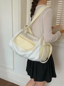 Minimalist Korean style white canvas travel bag for sports and gym, shown on model