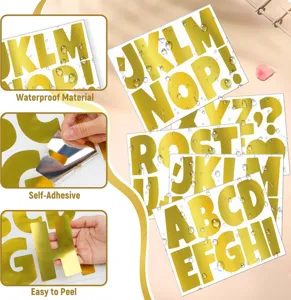 Detail of waterproof gold vinyl alphabet stickers showing adhesive and easy peel features