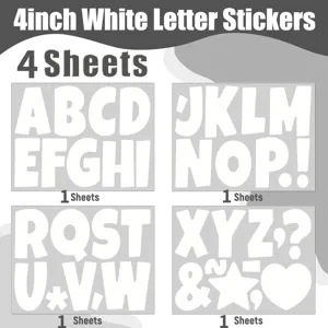 Detail view showing 4 sheets of 4-inch white vinyl alphabet stickers for decor.