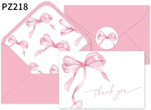 Juego de tarjetas de agradecimiento con lazo de acuarela rosa, sobre y pegatina a juego