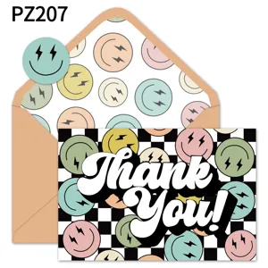 Lot de cartes de remerciement rétro avec damier, smileys éclair et enveloppe kraft