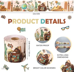 Detailed macro view showing world landmarks on waterproof travel theme bulletin board borders