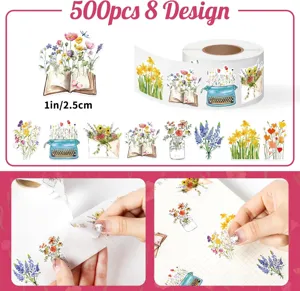 Florale aquarelstickers voor DIY-journaling, rol van 500 met 8 ontwerpen