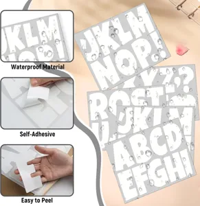 Detail of waterproof white vinyl alphabet stickers showing self-adhesive and easy peel features