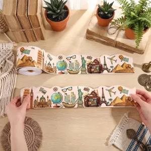 Close-up of world landmark themed border stickers for classroom bulletin boards