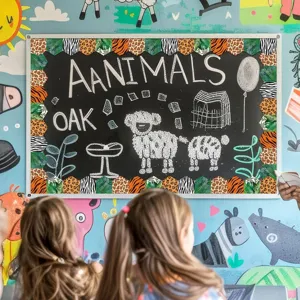 Klassenzimmer-Pinnwand mit lebhaften Tierdrucken und grünen Blattrandaufklebern dekoriert