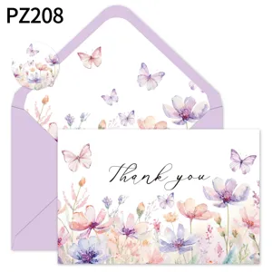 Lot de cartes de remerciement aquarelle avec fleurs, papillons et enveloppe mauve