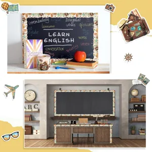 Travel theme bulletin board border stickers with world landmarks on blackboard and desk