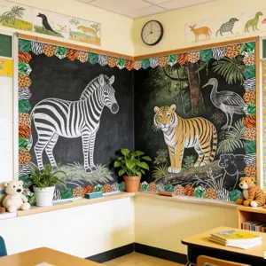 Bordüren für Klassenzimmer mit Tiermustern und Dschungelblättern für Pinnwände.