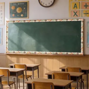 World travel themed decorative bulletin board border shown in a classroom setting