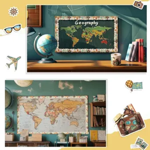 Close-up of travel bulletin board border stickers featuring famous global landmarks