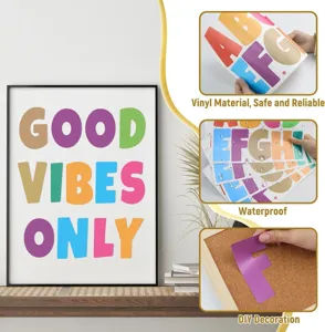 Large waterproof vinyl alphabet stickers showing material details and DIY bulletin board use