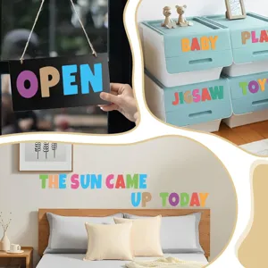 Colorful vinyl alphabet stickers for bedroom walls and storage bin organization