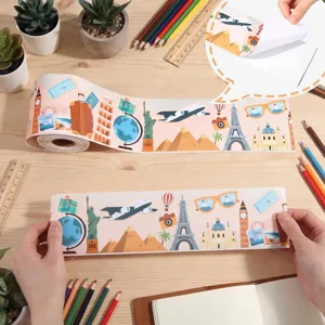Macro view of 10m global travel-themed bulletin board border sticker with peel-off backing